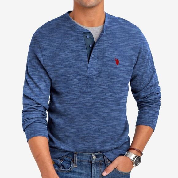 U.S. POLO ASSN SPACE DYE THERMAL HENLEY Sz S Men’s Blue NWT🏷 - Picture 1 of 14